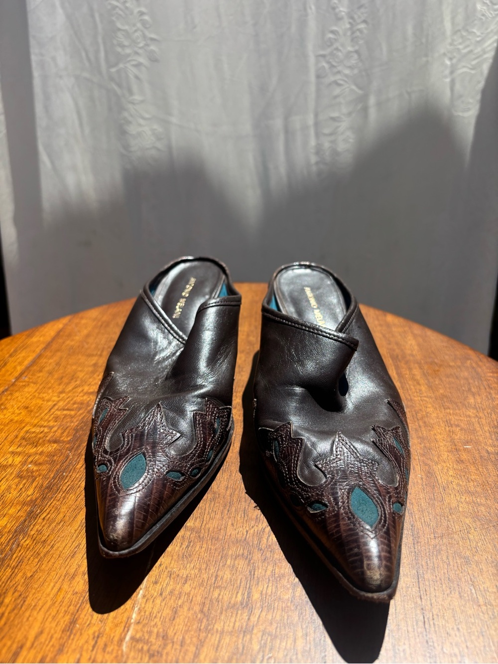 Antonio Melani Brown Leather & Teal Suede Pointed Toe Western Heeled Mules